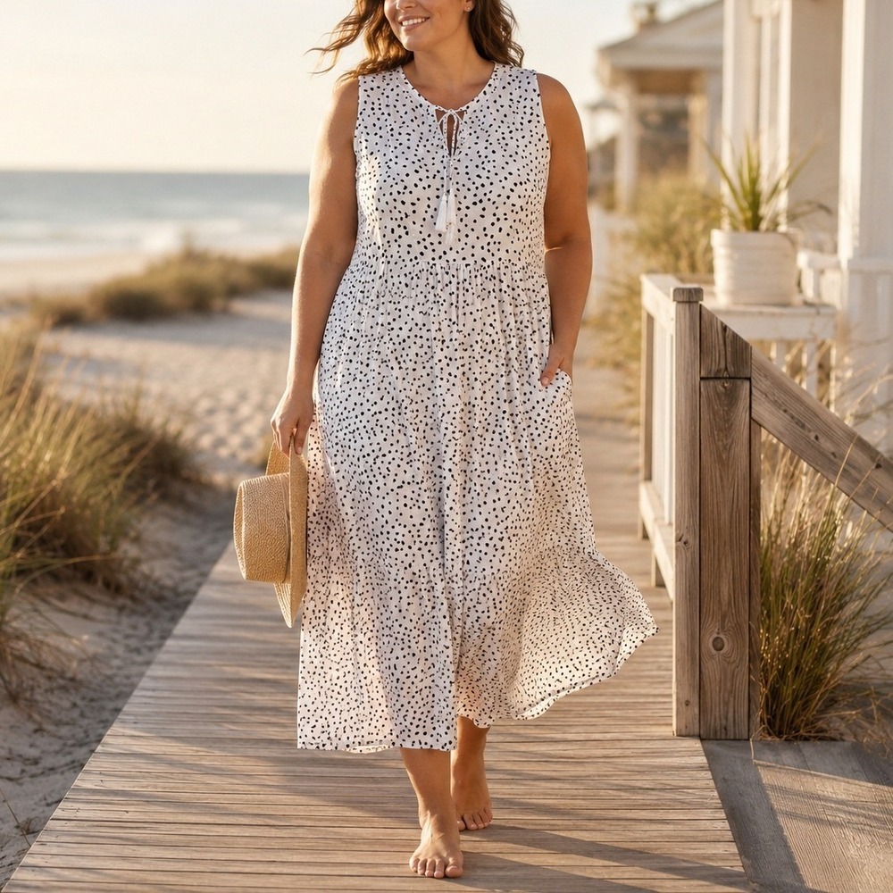 BeachLunchLounge White Black Speckled Midi Dress Sleeveless Tassel Tie 1X Boho